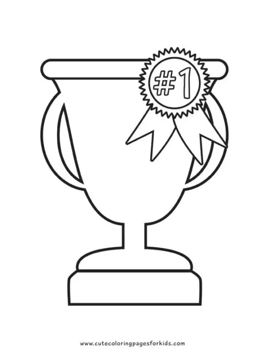 black and white line drawing of trophy with #1 ribbon for coloring