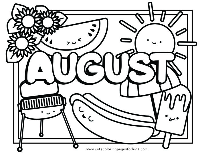 August coloring page with sunflowers, and cute grill, watermelon, hot dog and popsicle