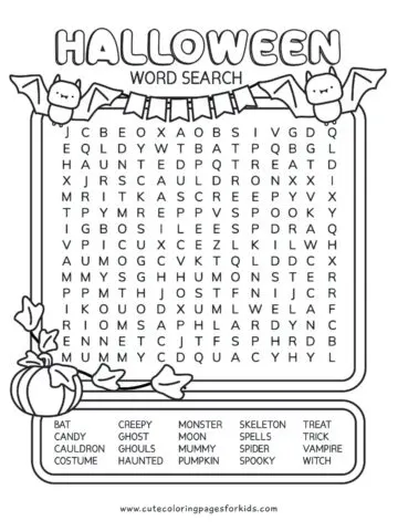 Halloween word search puzzle with image of pumpkin and cute bats holding flag banner