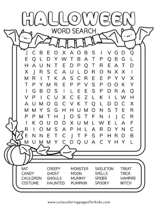 Halloween word search puzzle with image of pumpkin and cute bats holding flag banner