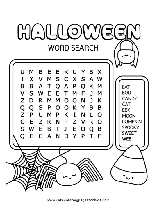 word search puzzle with Halloween words and cute spider, bat, and candy corn