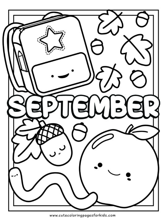 The word September with cute apple, backpack, worm, and acorn for coloring