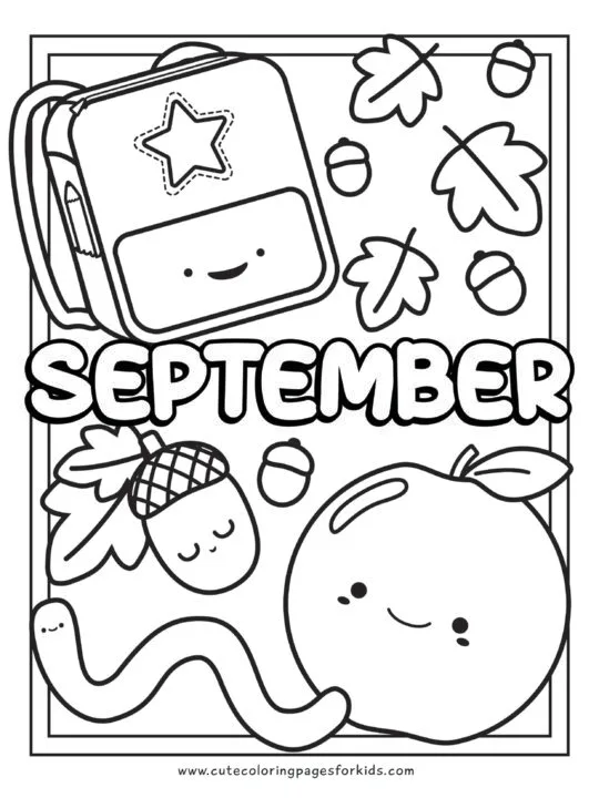 The word September with cute apple, backpack, worm, and acorn for coloring