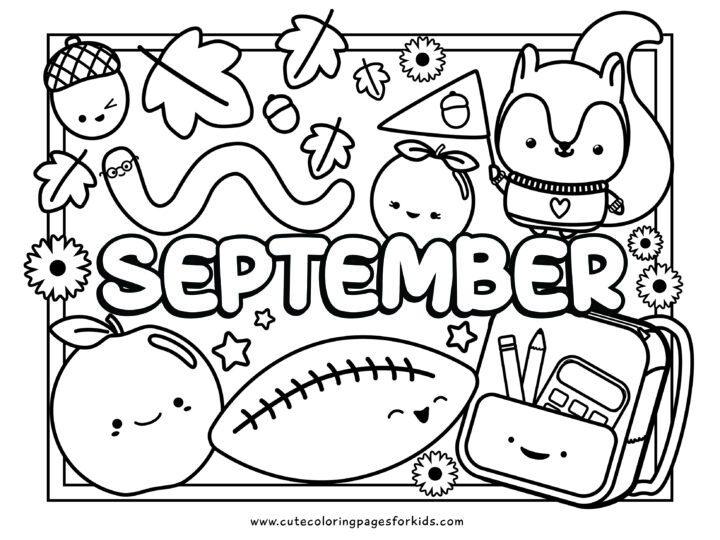 September coloring page image with cute apples, acorns, backpack, football, and squirrel