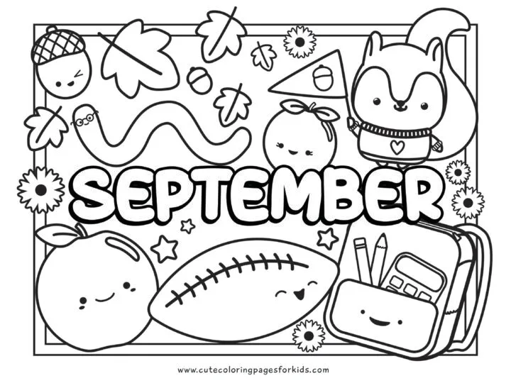September coloring page image with cute apples, acorns, backpack, football, and squirrel