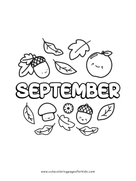 Simple September coloring sheet with cute apple, mushroom, acorns, and falling leaves
