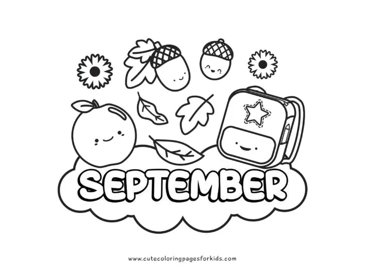 Simple September coloring page with cute apple, backpack, acorns, and falling leaves