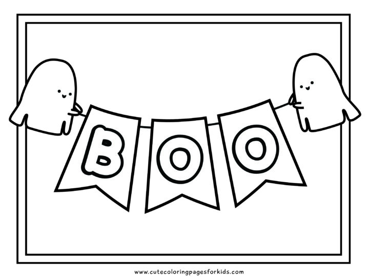two cute ghosts holding banner with the word BOO coloring page