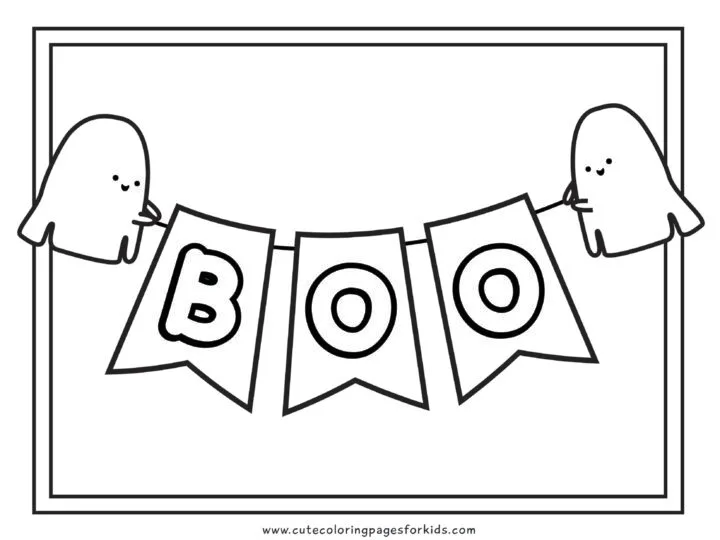 two cute ghosts holding banner with the word BOO coloring page