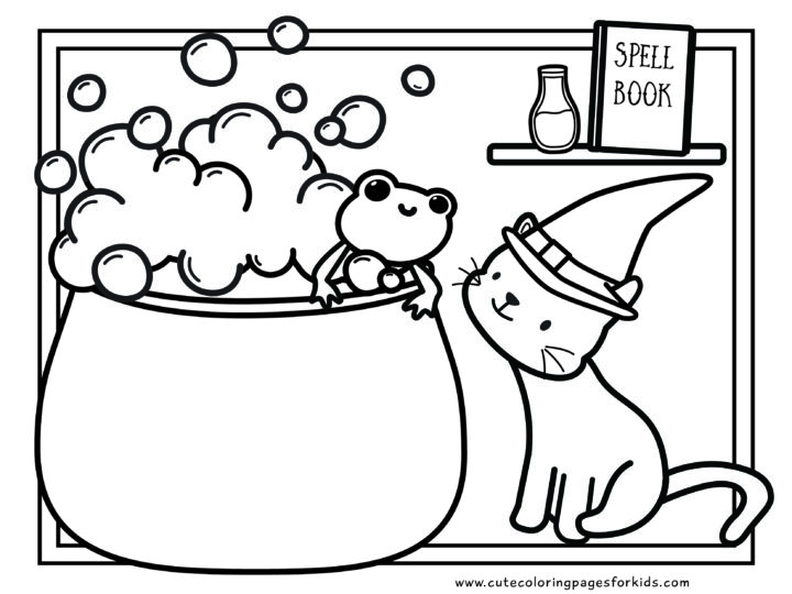 friendly kitty with witch hat and frog in cauldron line drawing for coloring