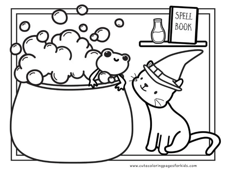 friendly kitty with witch hat and frog in cauldron line drawing for coloring