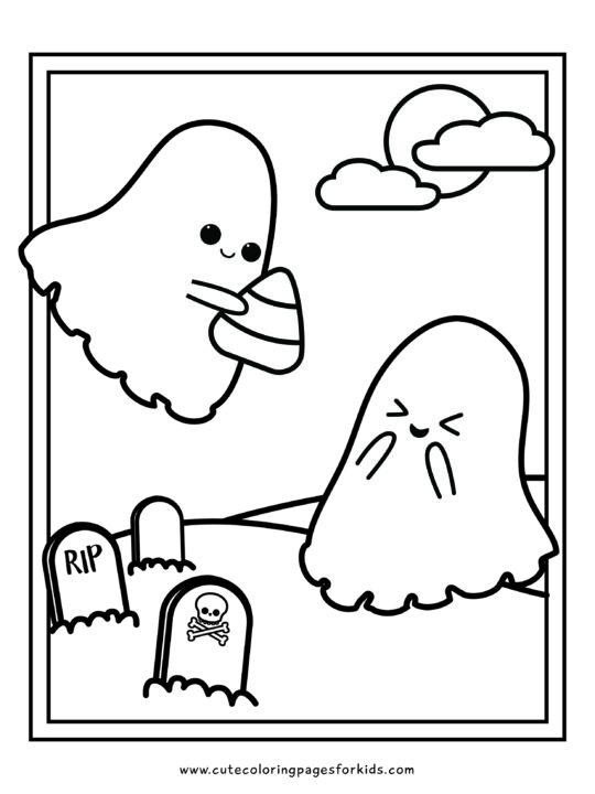 cute ghosts sharing candy corn line drawing for coloring