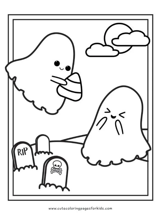 cute ghosts sharing candy corn line drawing for coloring