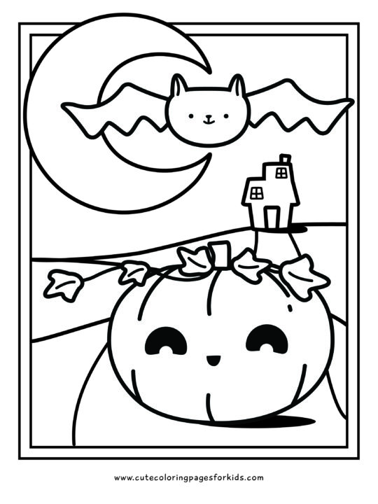 halloween scene with jack-o-lantern and cute bat line drawing for coloring