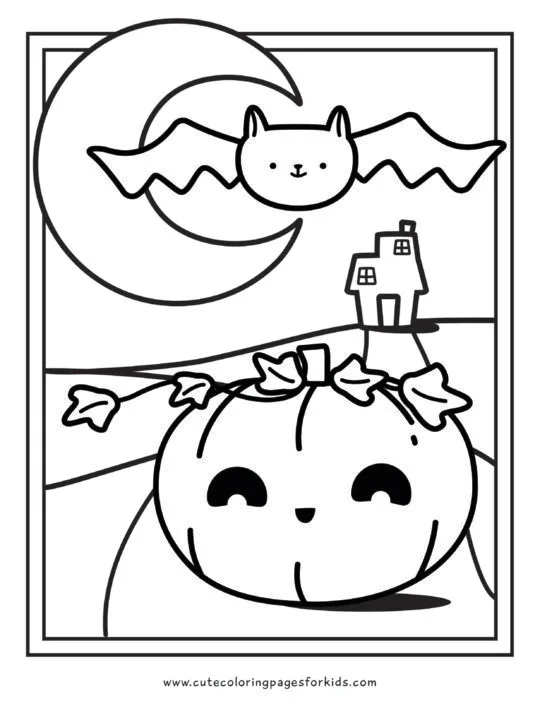 halloween scene with jack-o-lantern and cute bat line drawing for coloring