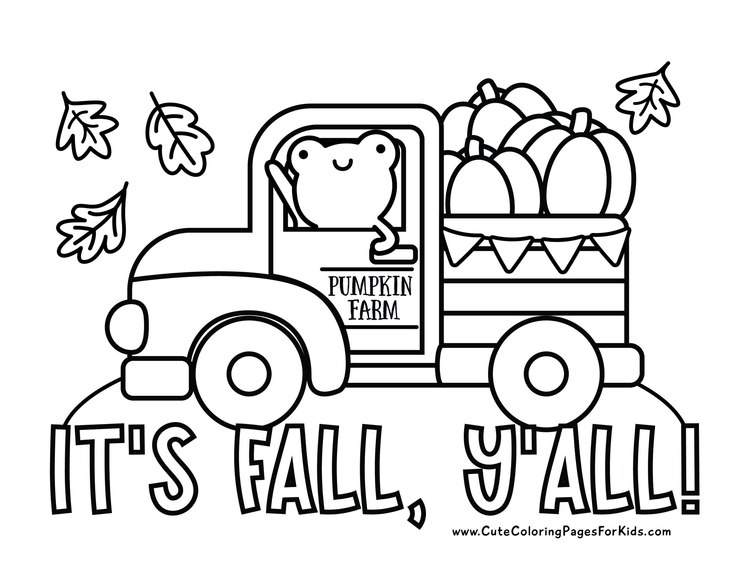 Autumn coloring page, drawing old farm truck with pumpkin and old farm truck powered by cute frog with words "It's autumn, you guys!".
