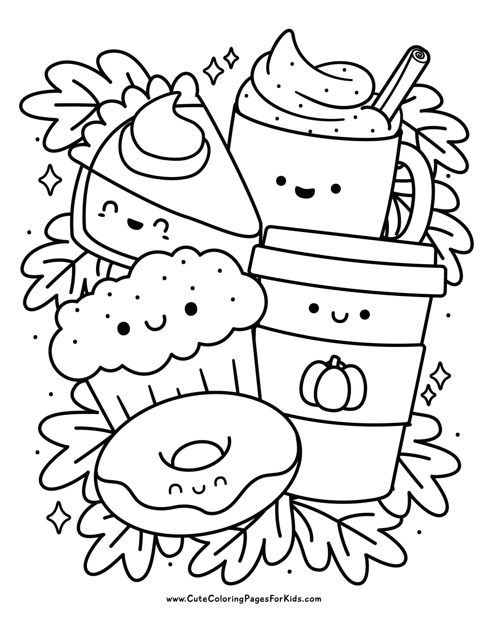 Kawai autumn food coloring page with pumpkin pie, apple cider, pumpkin latte, spice muffin and glazed donut with autumn leaves in the background