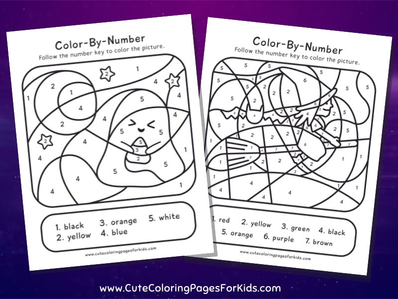 two color-by-number activity sheets with halloween theme of a ghost and a witch