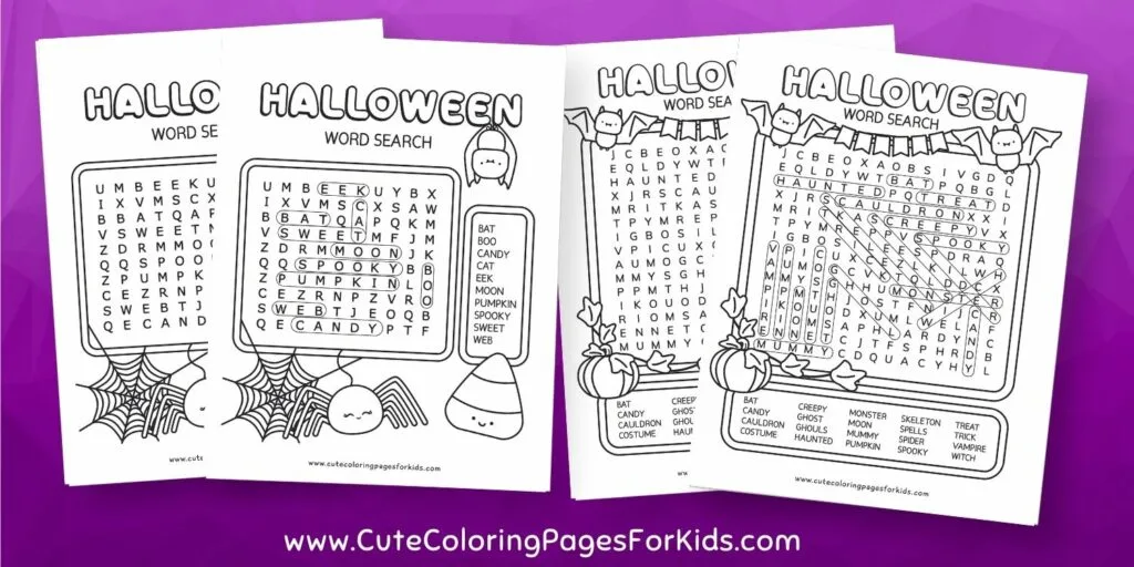 printouts of word search sheets with answers in Halloween theme