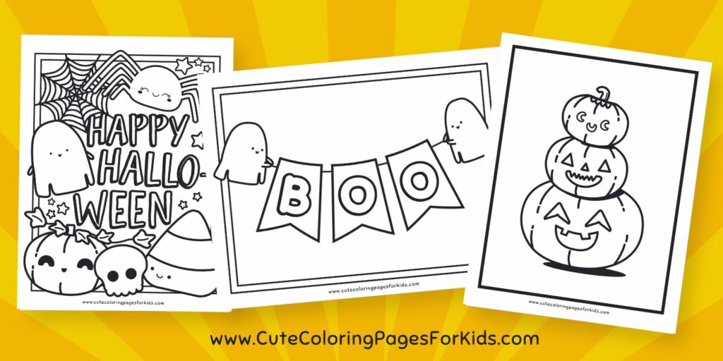 three halloween coloring sheets with cute ghosts, jack-o-lanterns, and other halloween imagery