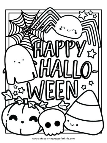 happy halloween words with cute halloween characters for coloring