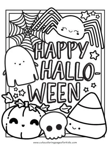 happy halloween words with cute halloween characters for coloring