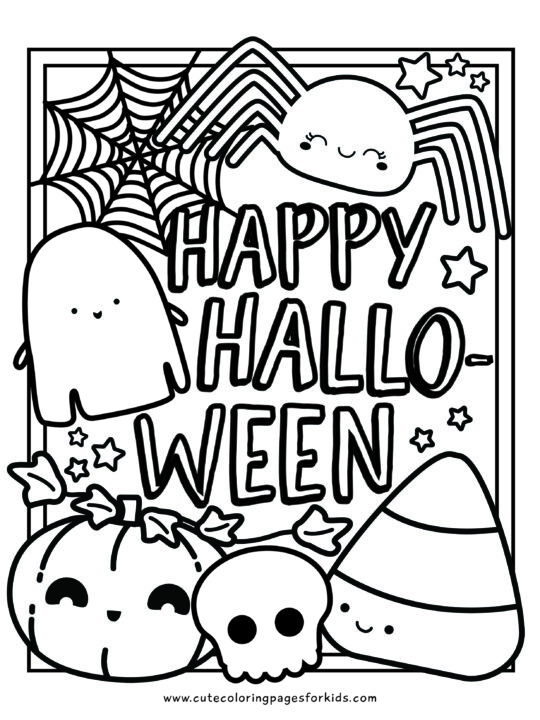 happy halloween words with cute halloween characters for coloring 