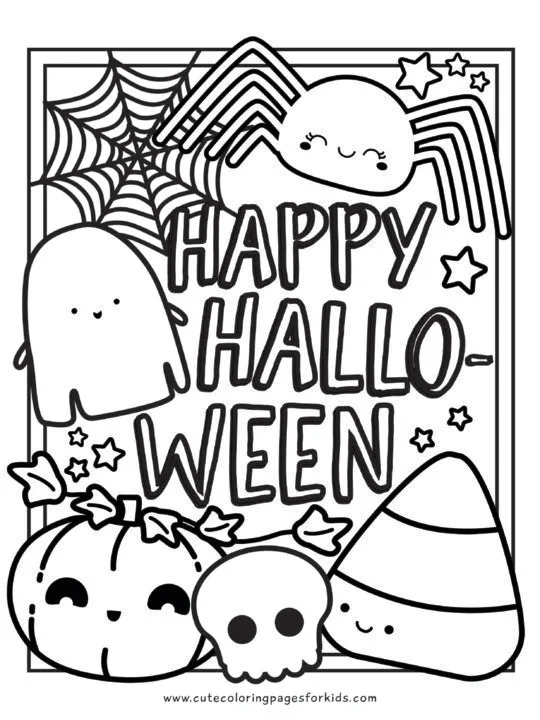 happy halloween words with cute halloween characters for coloring 