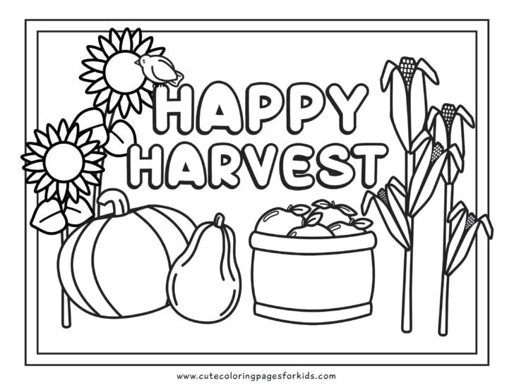coloring sheet with the words Happy harvest surrounded by corn stalks, a bushel of apples, a pumpkin, a gourd, and sunflowers with a lined border around it.