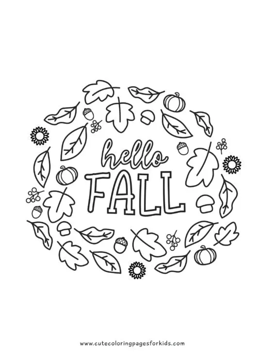 hello fall coloring page with fall elements in a circle
