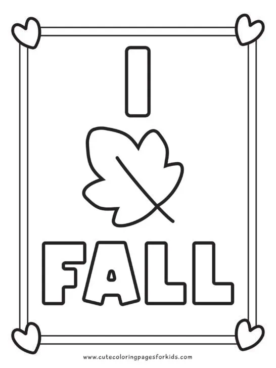 i heart fall coloring page with a leaf in the place of a heart