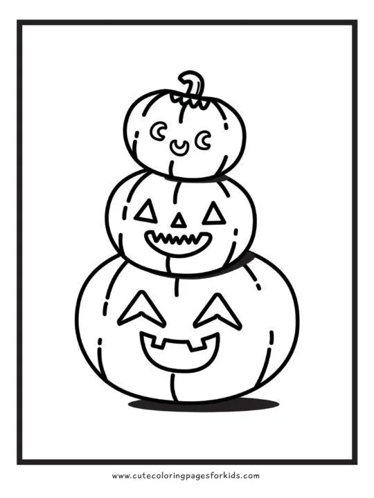 three cute jack-o-lanterns stacked on top of each other line drawing for coloring