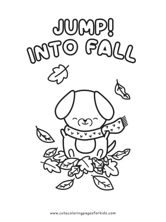 simple line drawing of cute dog jumping into leaves and the words jump into fall