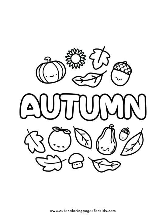 coloring sheet with the word autumn and cute fall characters like a pumpkin, acorn, gourd, apple, mushroom, and leaves