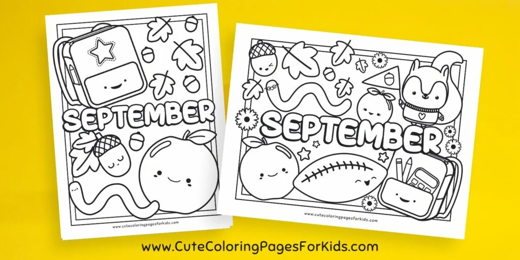Two September themed coloring pages with leaves, acorns, footballs, school supplies, apples, and a squirrel.