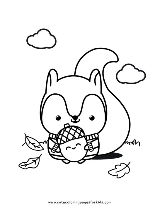 drawing of cute squirrel holding happy acorn for coloring