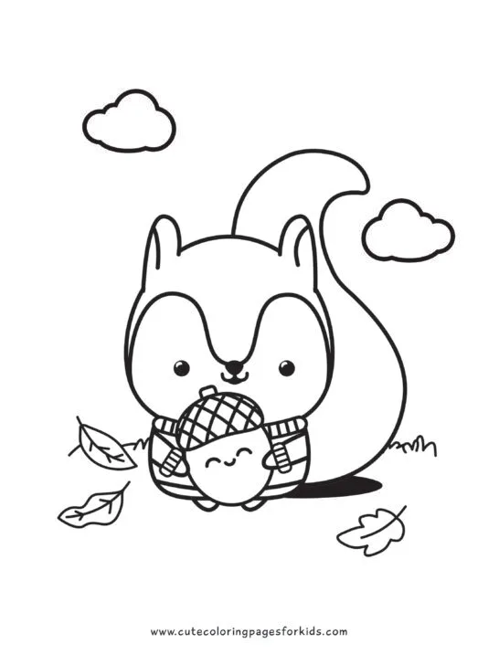 drawing of cute squirrel holding happy acorn for coloring