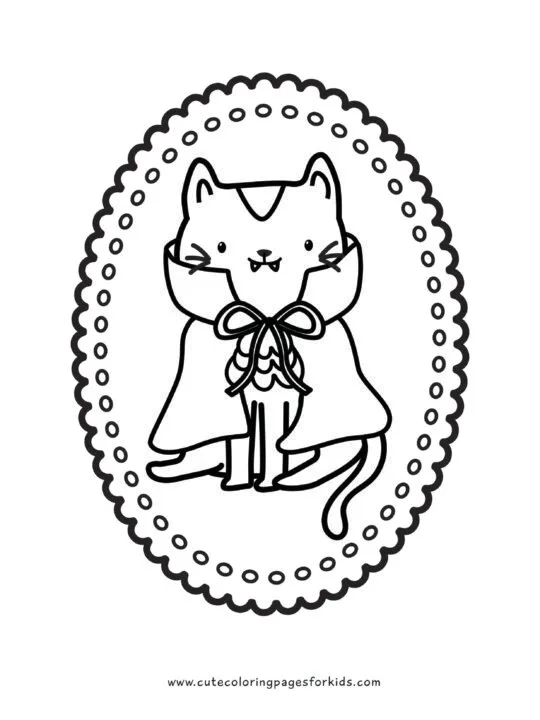cute vampire kitty within oval frame line drawing for coloring