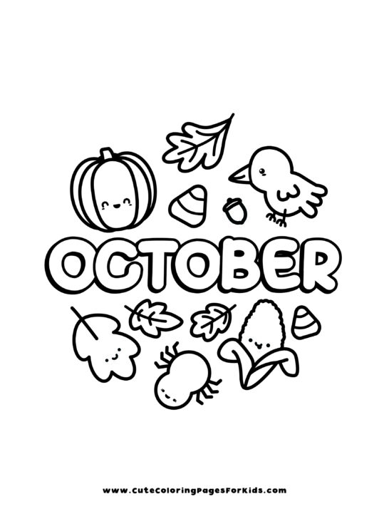 october coloring page of pumpkin, crow, leaves, and corn with the word October
