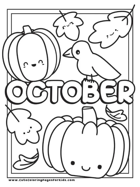 line drawing of smiling pumpkins, leaves, and a crow with the word October.