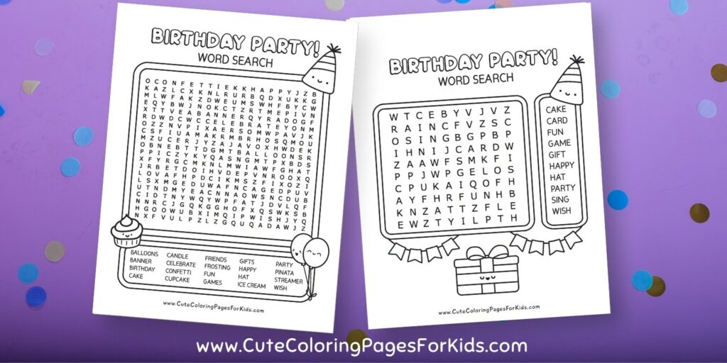 image of two birthday themed word search puzzles with simple line drawings of a birthday hat, balloons, birthday present, flag banner, and cupcake