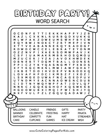 Birthday Party Word Search - Cute Coloring Pages For Kids