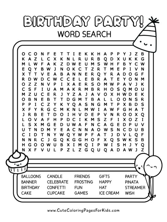 word search puzzle with cute birthday hat, cupcake, and balloons