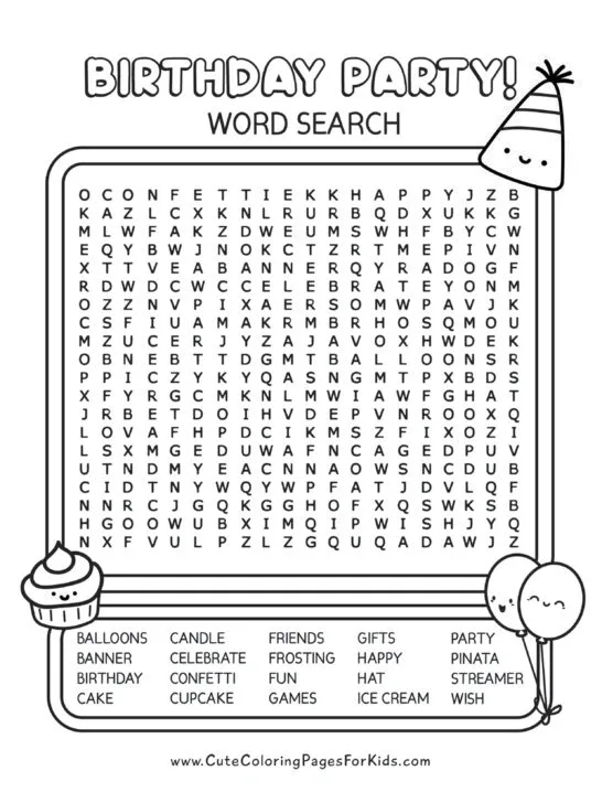word search puzzle with cute birthday hat, cupcake, and balloons