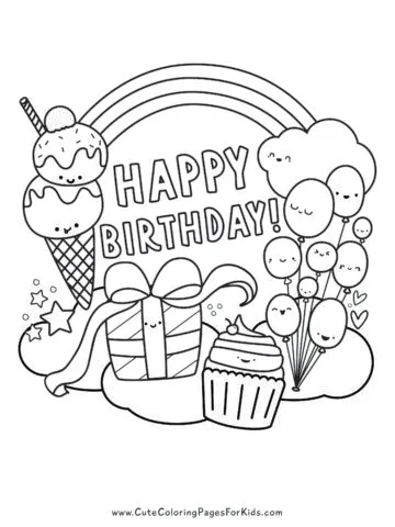 coloring sheet with the words happy birthday surrounded by cute kawaii birthday element characters like ice cream cone, present with bow, cupcake, and balloons, plus rainbow and cloud background