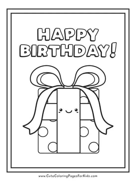 cute birthday cake with smiling face and Happy Birthday text in black and white for coloring