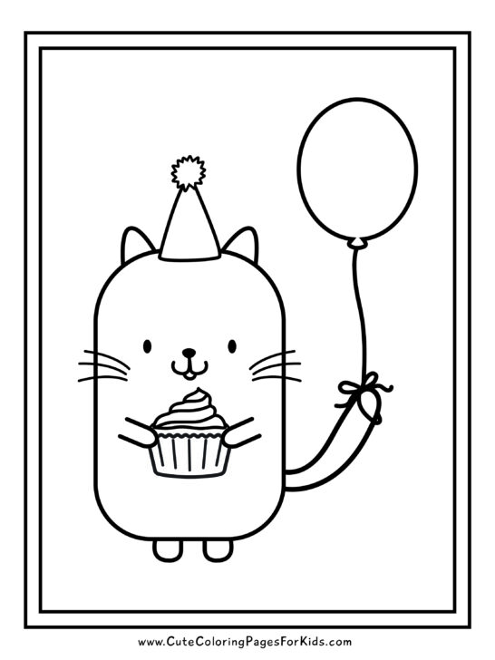 simple drawing of a cute cartoon kitty holding cupcake, weartng birthday hat, and a balloon tied to tail, in black and white for coloring