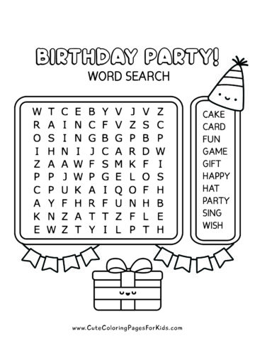 birthday word search puzzle with small, simple words, with a smiling birthday hat, a singing birthday gift, and a flag banner.