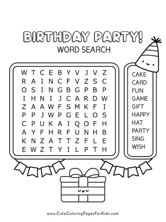birthday word search puzzle with small, simple words, with a smiling birthday hat, a singing birthday gift, and a flag banner.