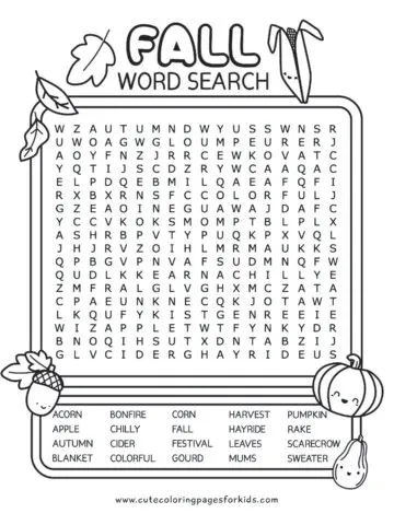 word search puzzle with fall-themed words and illustrations